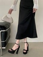 Liyke Runway Style Black High Heels Platform Sandals For Women Cozy Silk Square Toe Buckle Strap Lady Party Dress Shoes Size 40