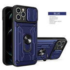 Heavy Duty Armor Case Card Pocket for iPhone 11 Pro 7 8 Plus Magnetic Phone Holder Cover Slide Lens Protection Design Card Holder Slot With Rotating Ring Armor Bumper Shockproof Case Stevvex