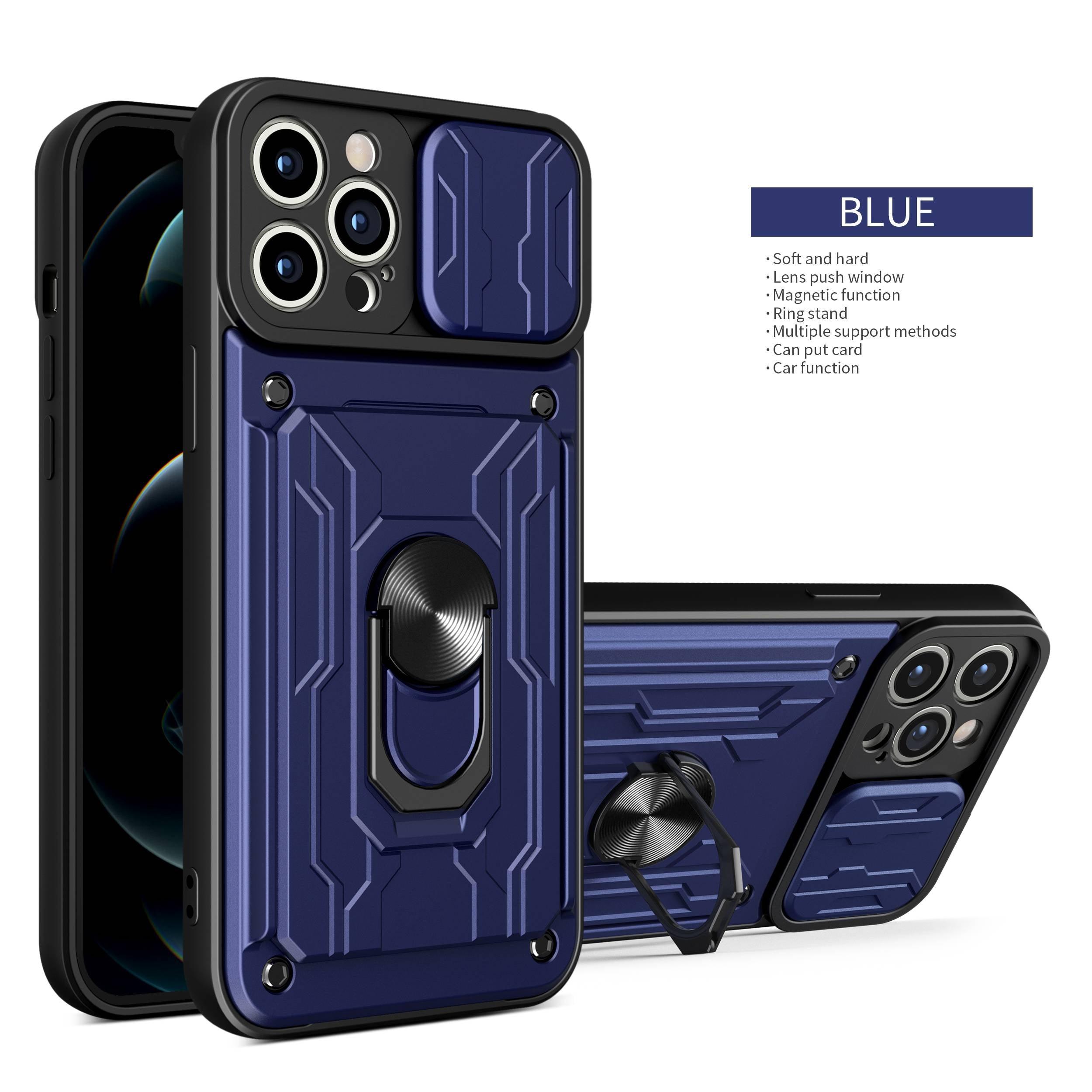 Heavy Duty Armor Case Card Pocket for iPhone 11 Pro 7 8 Plus Magnetic Phone Holder Cover Slide Lens Protection Design Card Holder Slot With Rotating Ring Armor Bumper Shockproof Case Stevvex