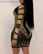 Women Sexy Solid Color Sheer Mesh Rhinestone Design Bodycon Nightclub Party Dress