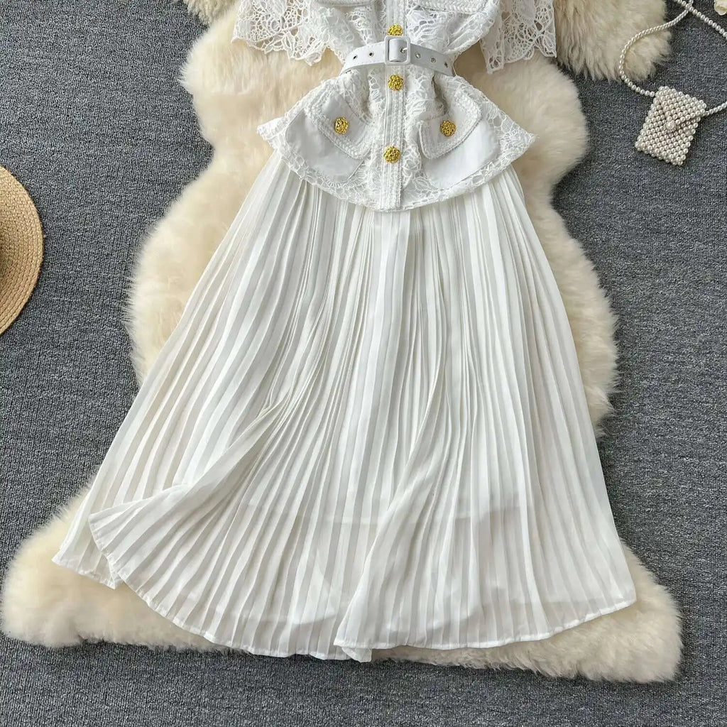 Designer 2025 Summer Pleated Chiffon Lace Long Dress Women Flower Embroidery Gold Button Belt Evening Party Dresses Wedding Robe Lootquake LLC