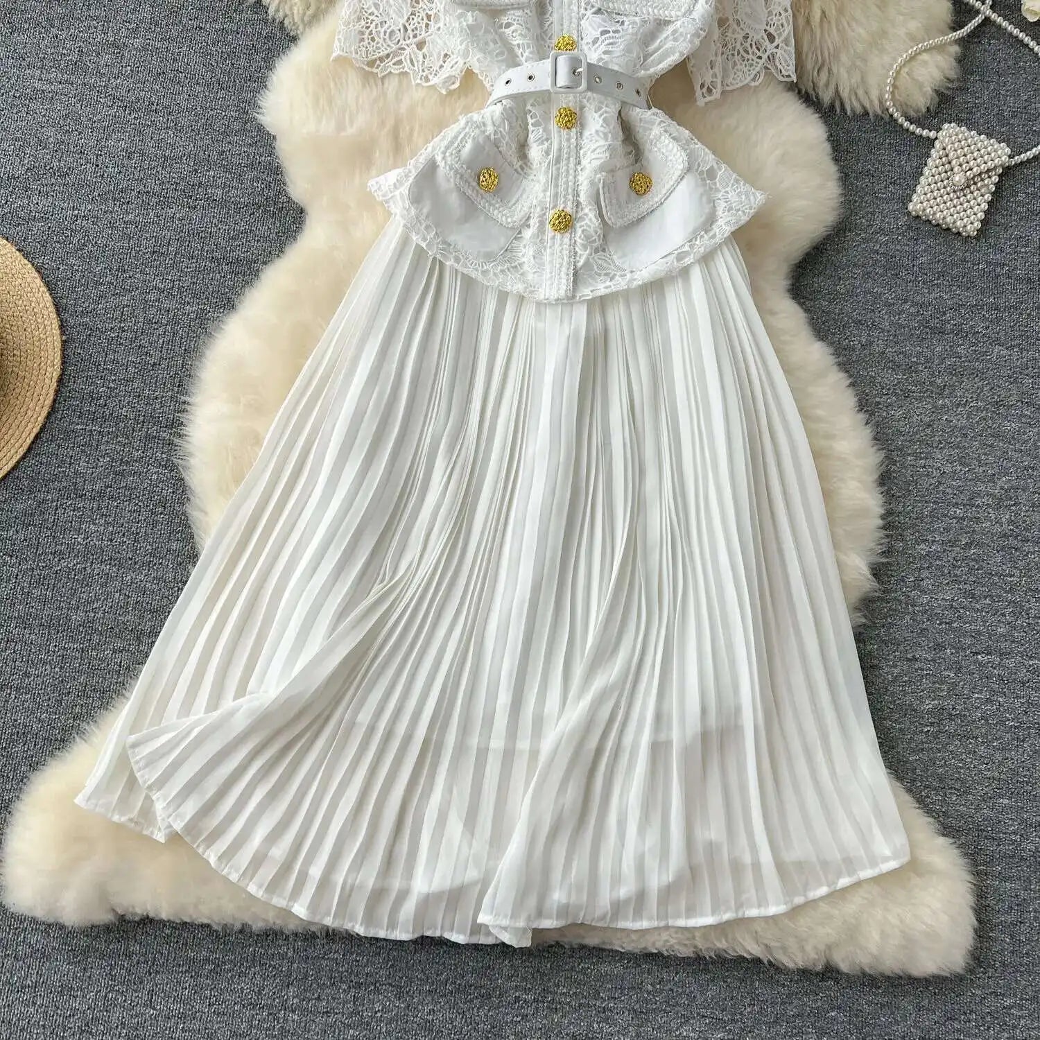 Designer 2025 Summer Pleated Chiffon Lace Long Dress Women Flower Embroidery Gold Button Belt Evening Party Dresses Wedding Robe Lootquake LLC