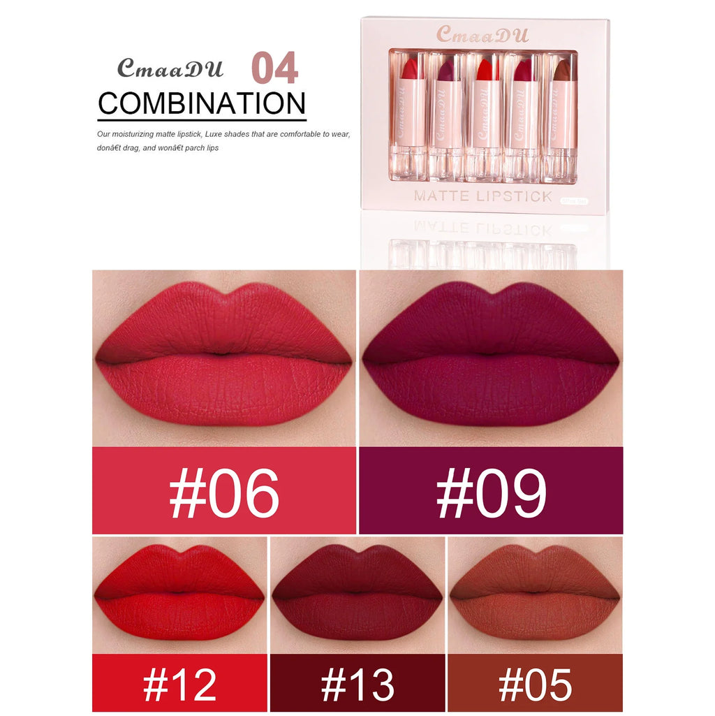 5 Pcs  Matte Lipstick Sets Lip Gloss Moisturizing Long-lasting Easy Makeup Fashion Classic Shades For Daily Date Exquisite Gift Lootquake LLC