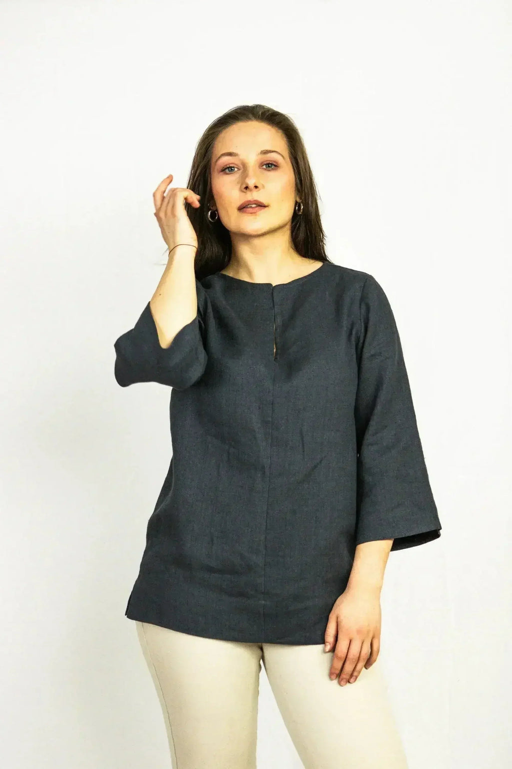 Asphalt Grey Linen Oversize Top – Modern & Comfortable Blouse - SJB-DIAMOND ELITES