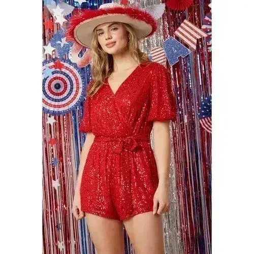 Short Puff Sleeve Sequin Romper in Red [Sizes SM-L] - SJB-DIAMOND ELITES