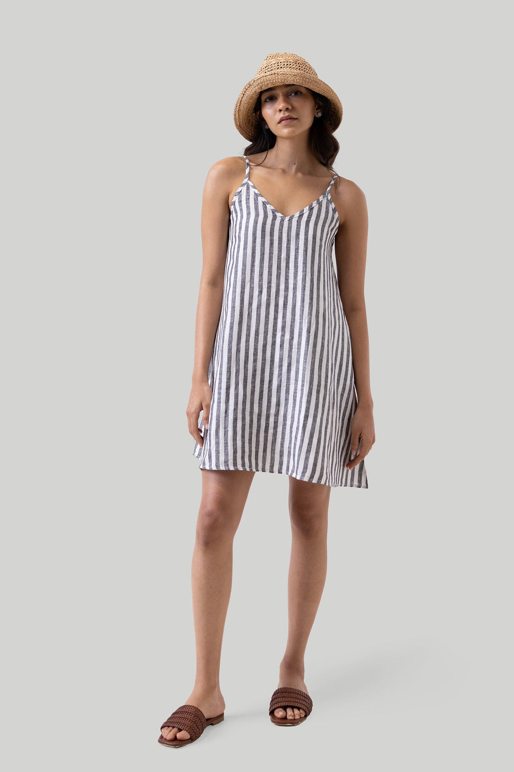 Short Tent Dress in Linen Stripes Purplish Diva