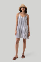 Short Tent Dress in Linen Stripes Purplish Diva