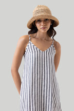 Short Tent Dress in Linen Stripes Purplish Diva