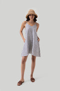 Short Tent Dress in Linen Stripes Purplish Diva