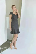 Chelsea Dress - Cap sleeve pinstripe dress with self belt and ruffle