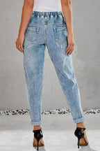 Sky Blue Gather Round Distressed Pocketed Hole Denim Jogger