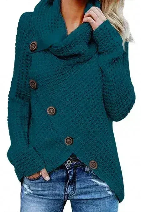 Slate Blue Buttoned Wrap Turtleneck Sweater - SJB-DIAMOND ELITES