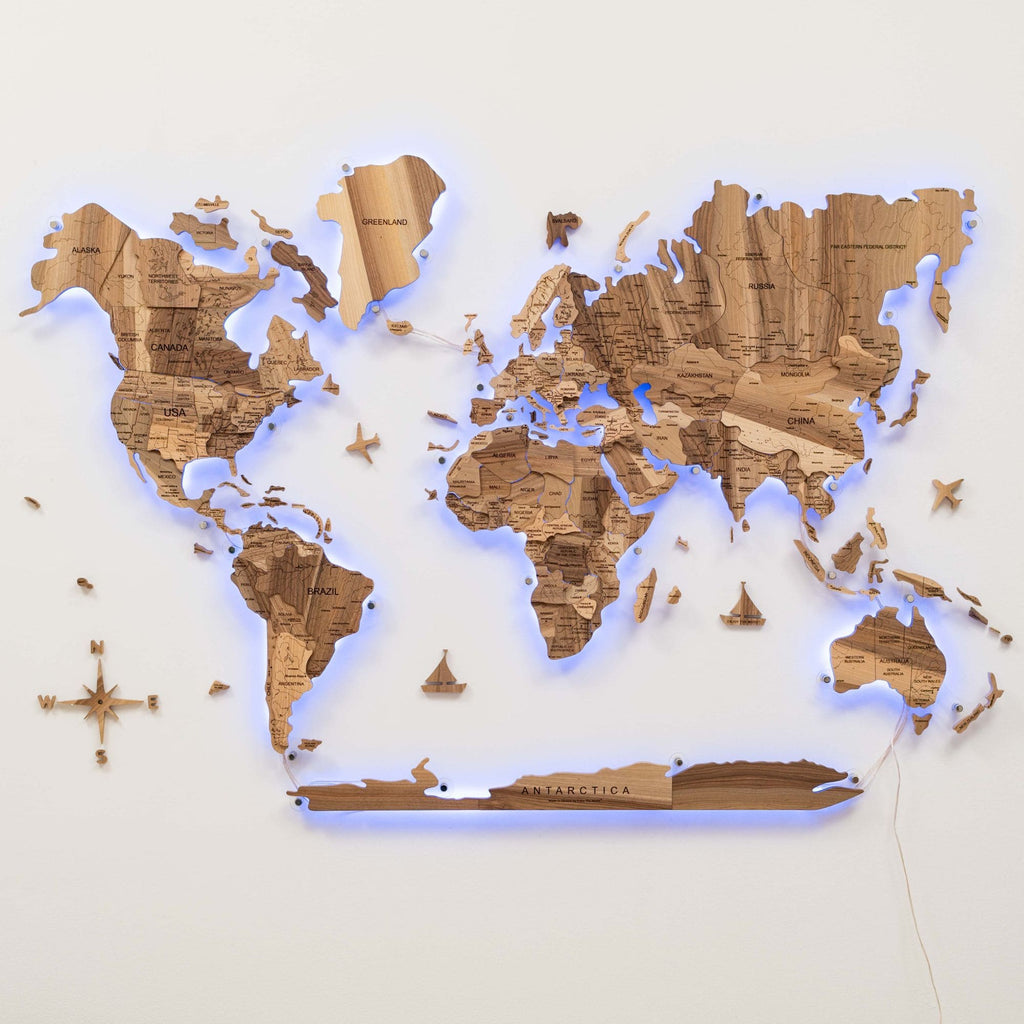 3D Solid Wooden World Map - Walnut - SJB-DIAMOND ELITES