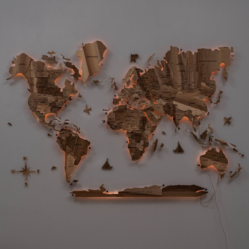 3D Solid Wooden World Map - Walnut - SJB-DIAMOND ELITES