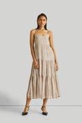 Strappy Tiered Maxi Dress in Beige Stripes Purplish Diva