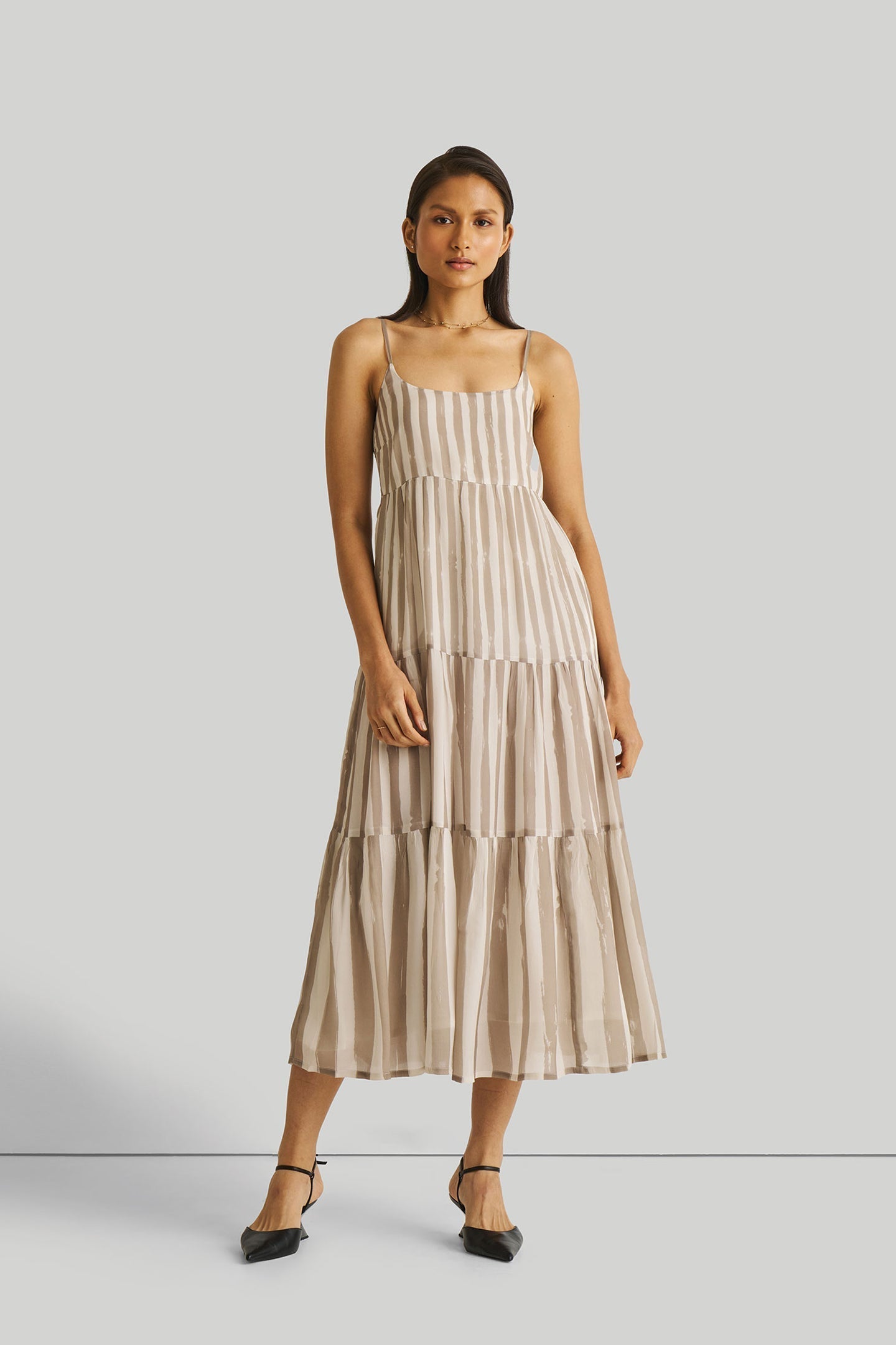 Strappy Tiered Maxi Dress in Beige Stripes Purplish Diva