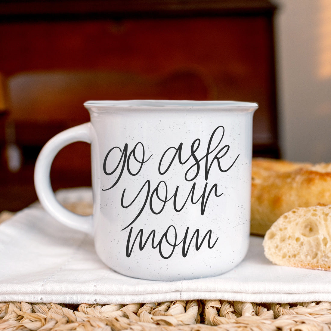 Ask Your Mom 14.5oz Ceramic Campfire Mug Double-Sided Design White Sesame Glaze BandsCo Straps