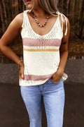 Summer White Striped Colorblock Textured Knit Tank Top - SJB-DIAMOND ELITES