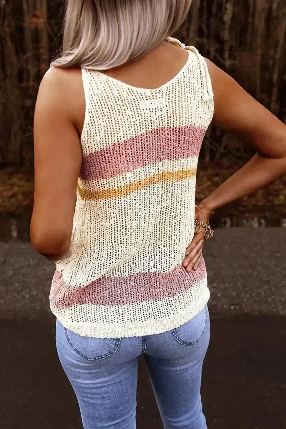 Summer White Striped Colorblock Textured Knit Tank Top - SJB-DIAMOND ELITES