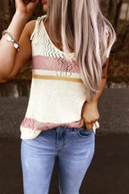 Summer White Striped Colorblock Textured Knit Tank Top - SJB-DIAMOND ELITES