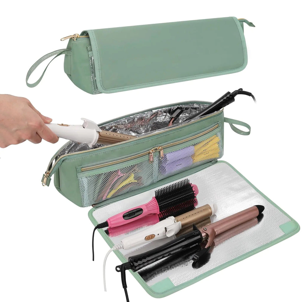 Ethereal 2-in-1 Hair Tools Travel Bag and Tinfoil Heat Resistant Mat for Flat Irons Straighteners Curling Iron and Haircare Accessories Hot Hair Styling Tool Organizer with Pockets Green Lootquake LLC