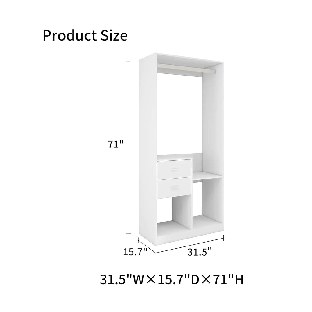 YG-303 Stand-Alone Wood Closet System for Walk in Closets with 2 Drawers Hanging Rods and Shelves Clothes Storage Cabinet Built-in Closet Organizer for Bedroom 31.5"L x 15.7"W x 70.8"H Gray Pi-Mart