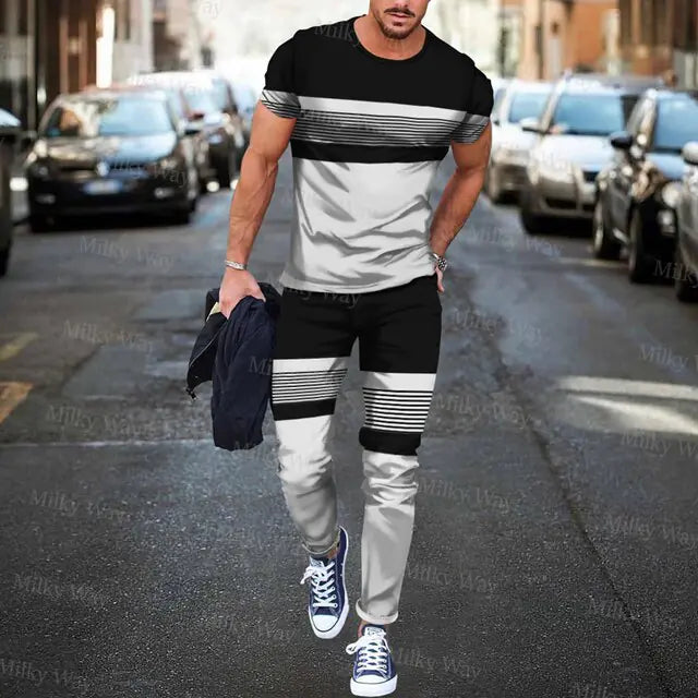 Men's Summer Tracksuit Stripe Print T-shirt Trousers Set Pi-Mart
