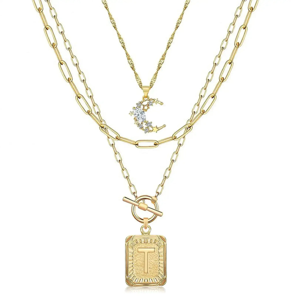 MJartoria Layered Initial Necklaces for Women Trendy 14K Gold Plated Simple Moon Choker Square Letter Pendant Necklace Paperclip Chain Necklace Gold Necklaces Jewelry Gifts (Gold T)