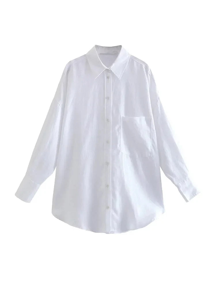 Women's Oversized Linen Shirt - Vintage Long Sleeve Pocket Blouse - SJB-DIAMOND ELITES