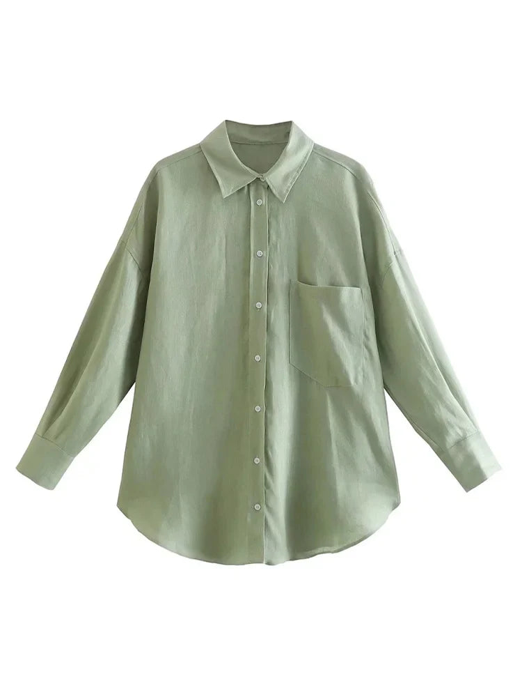 Women's Oversized Linen Shirt - Vintage Long Sleeve Pocket Blouse - SJB-DIAMOND ELITES