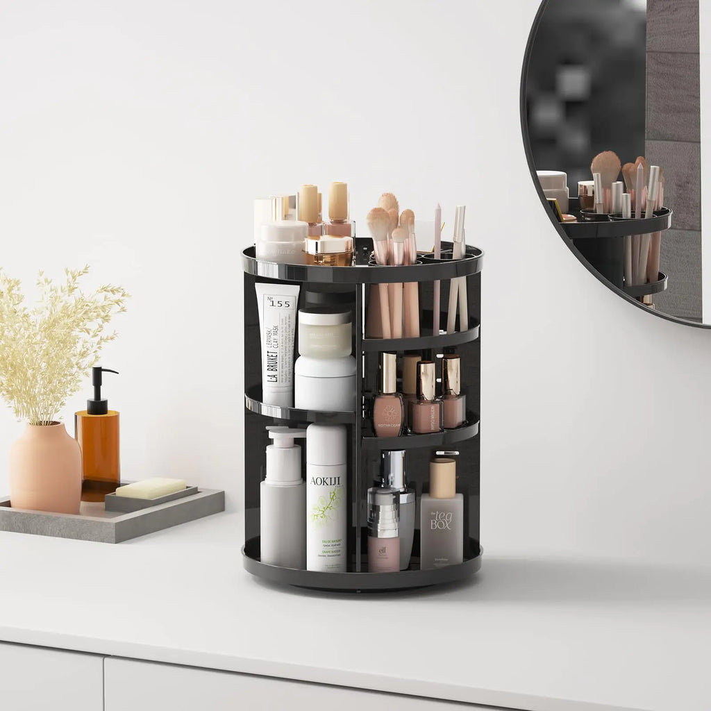 Rotating Makeup Organizer for Vanity, 360 Spinning Skincare Organizers with Adjustable Trays, Make Up Desk Storage Carousel Rack, Cosmetic Display Cases for Dresser Bathroom Countertop Black Pi-Mart