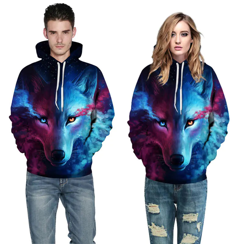 Wolf Hoodie, Couple Hoodie, Blue Sweatshirt Pi-Mart