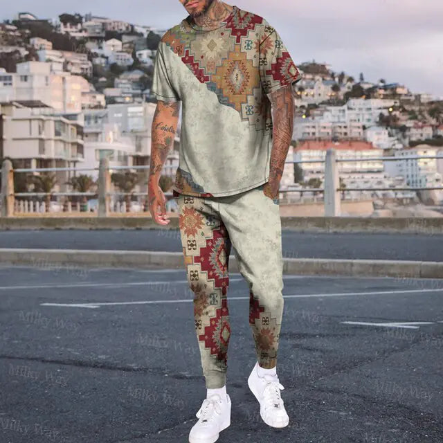 Men's Summer Tracksuit Stripe Print T-shirt Trousers Set Pi-Mart