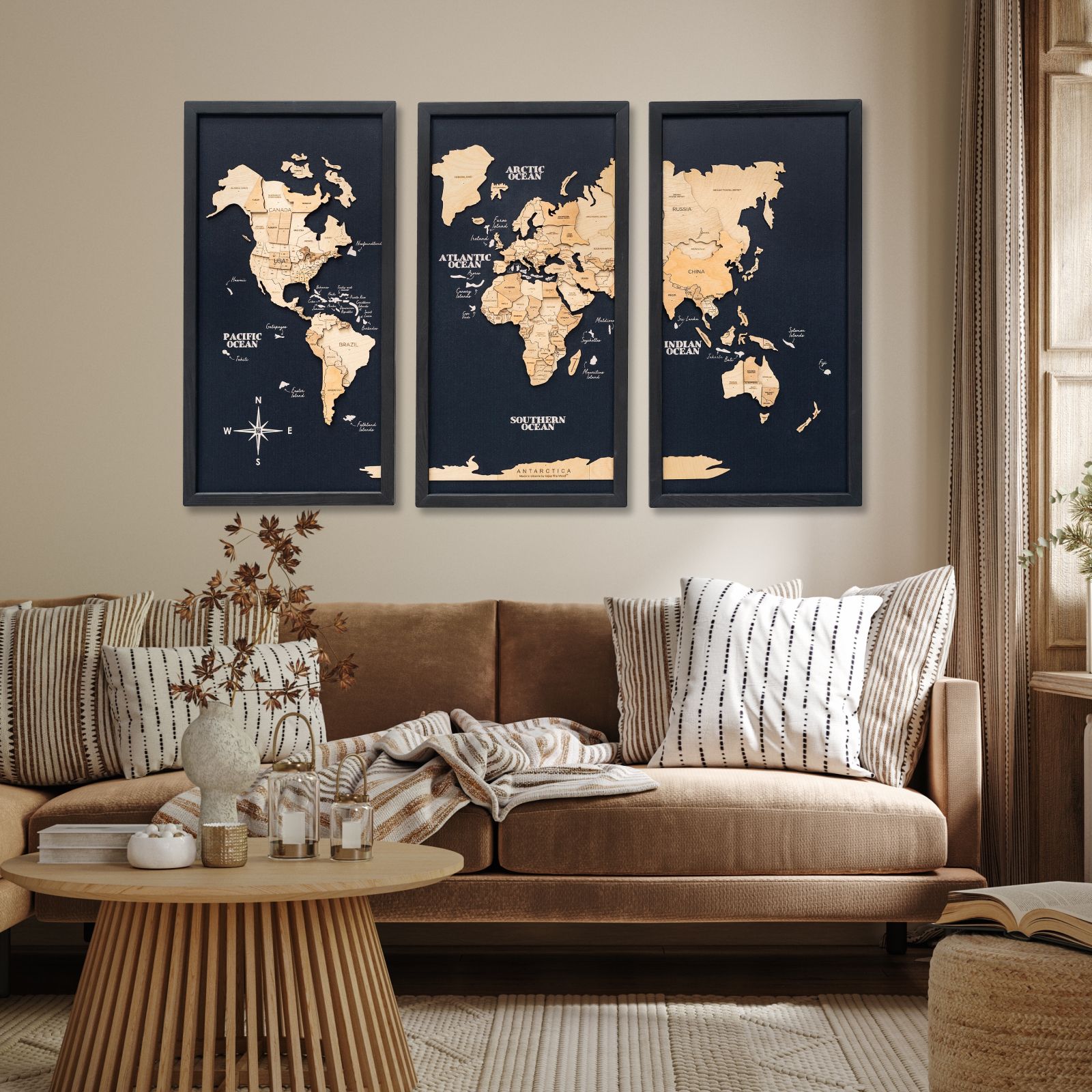 3D Wooden Triptych World Map Gold - SJB-DIAMOND ELITES