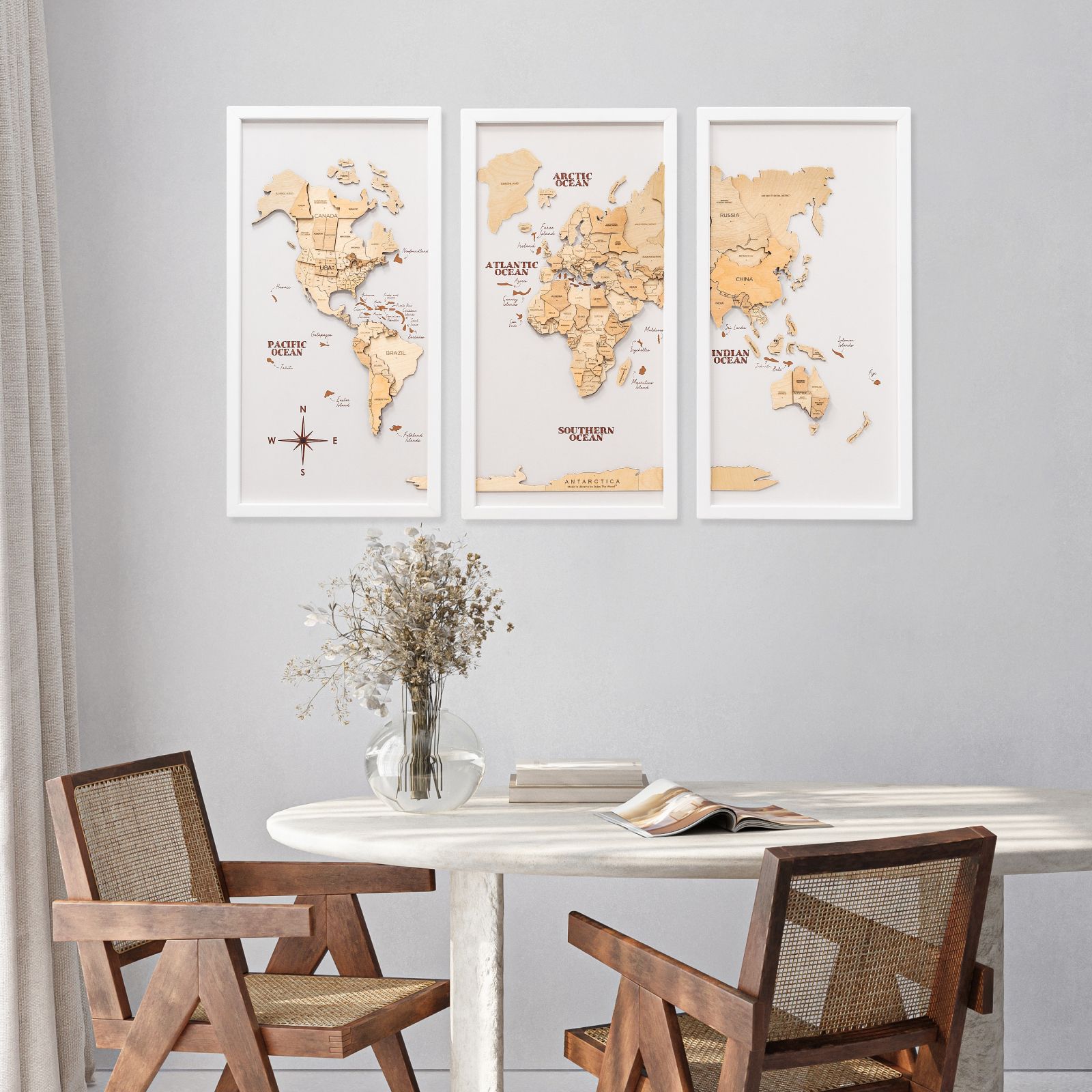 3D Wooden Triptych World Map Gold - SJB-DIAMOND ELITES