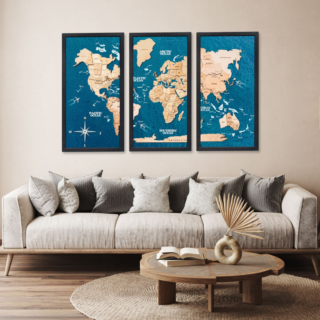 3D Wooden Triptych World Map Gold - SJB-DIAMOND ELITES