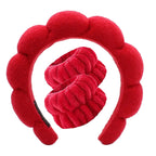 VNIHTT Red Bubble Headband for Washing Face Makeup headbandSponge Spa Skincare HeadbandsSoft Fluffy Hairband for Women Girls with Wrist Towels for Wash Face