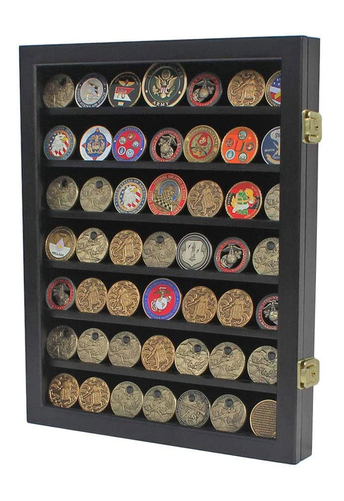 Military Challenge Coin Display Case Cabinet Poker Chip Rack Wood Cabinet, Glass Door... The Military Gift Store