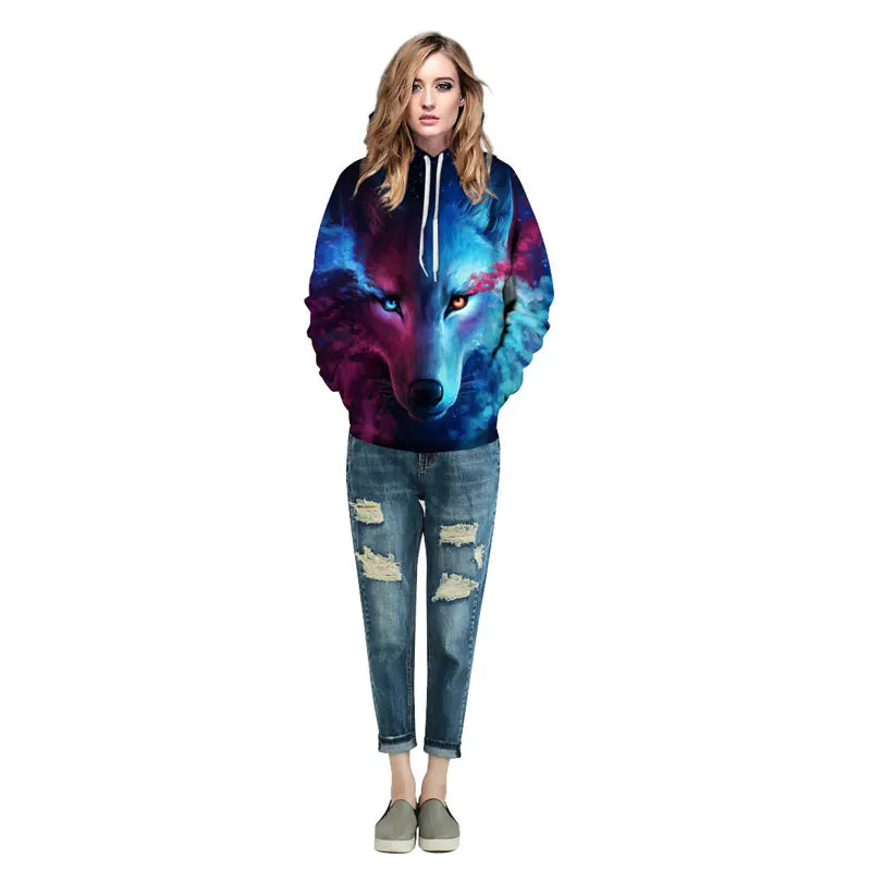 Wolf Hoodie, Couple Hoodie, Blue Sweatshirt Pi-Mart
