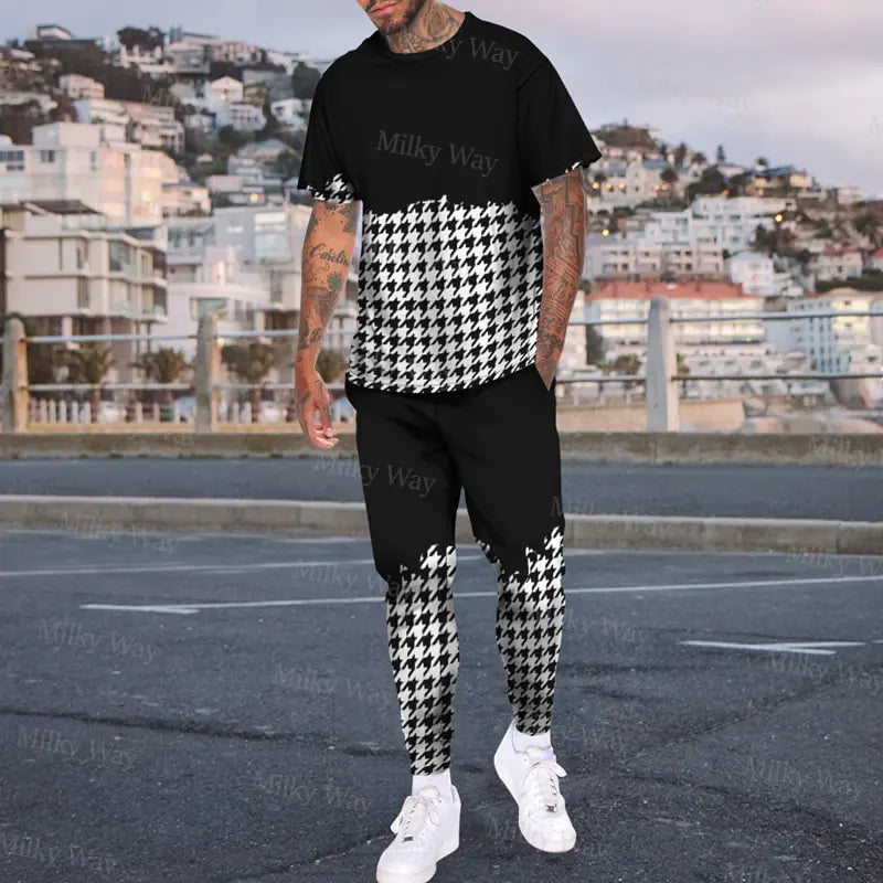 Men's Summer Tracksuit Stripe Print T-shirt Trousers Set Pi-Mart
