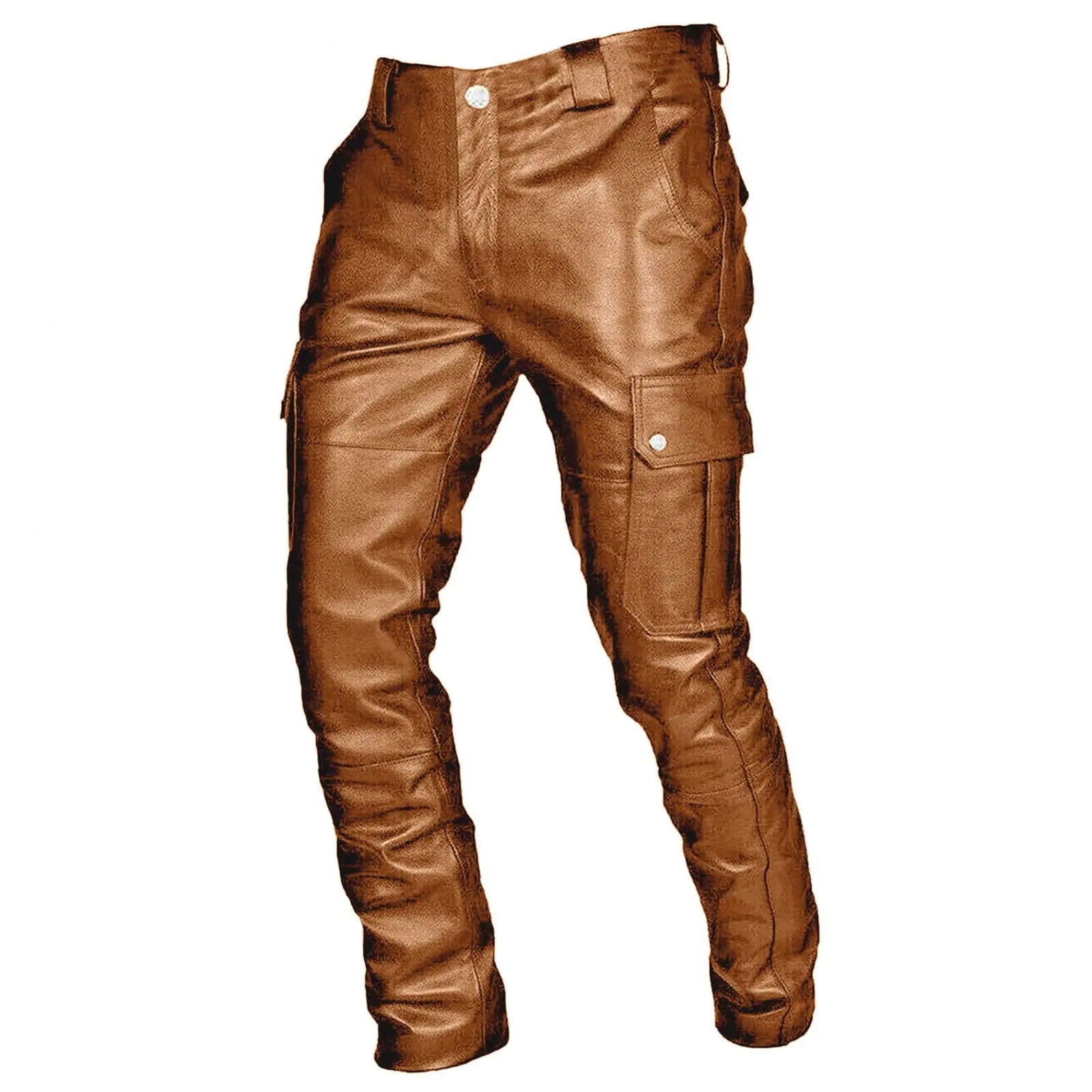 Generic Mens Steampunk Stretchy Faux Leather Pants Slim Fit Motorcycle Biker Goth Pants Fashion Punk Retro Hip Hop Trousers Clubwear Brown Large Lootquake LLC