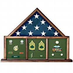 Walnut Three Bay Mantle Flag Display Case available in black, navy blue, red, and maroon The Military Gift Store