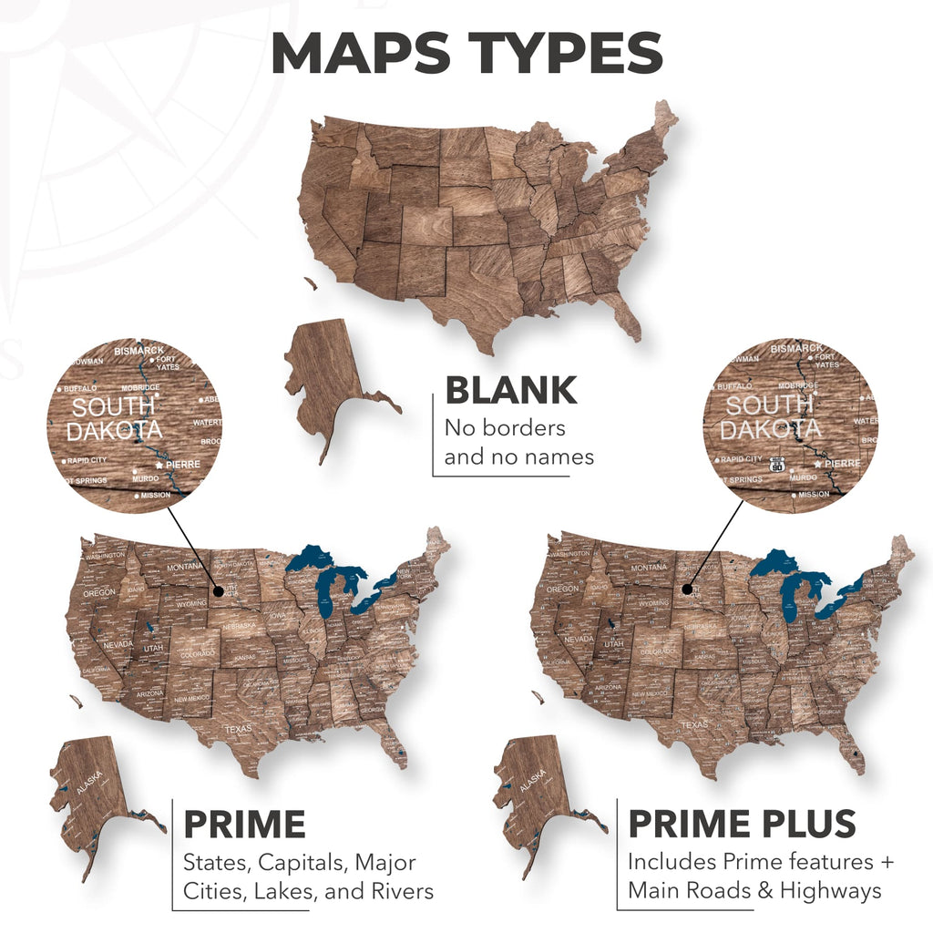 Wooden 3d Map of USA - Dark Walnut - SJB-DIAMOND ELITES
