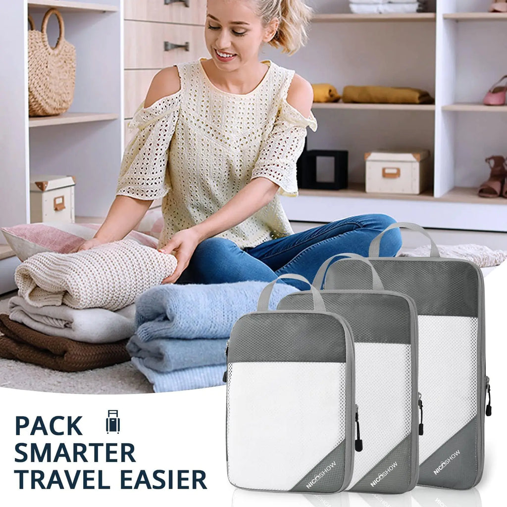 Compression Packing Cubes for Travel, Packing Cubes Compression Travel Essentials, Compressible Packing Cubes Travel Organizers for Carry-on Luggage Suitcase Grey 3pcs Pi-Mart