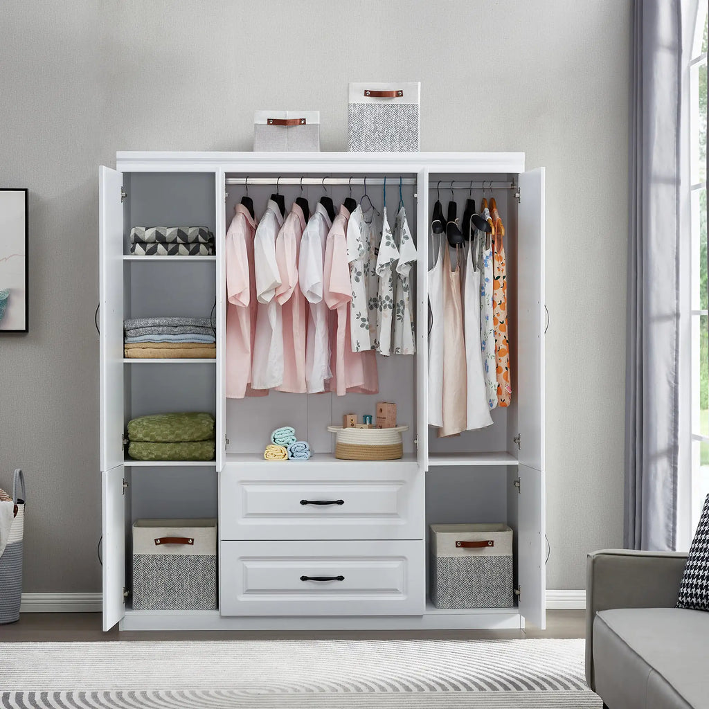 YG-15 74" H White Solid Wood Freestanding Wardrobe Closet for Clothes Storage. Bedroom Wardrobe Storage Cabinet featuring 2 Hanging Rod Shelves, 2 Drawers, and 5 Storage Compartments Pi-Mart