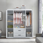 YG-15 74" H White Solid Wood Freestanding Wardrobe Closet for Clothes Storage. Bedroom Wardrobe Storage Cabinet featuring 2 Hanging Rod Shelves, 2 Drawers, and 5 Storage Compartments Pi-Mart