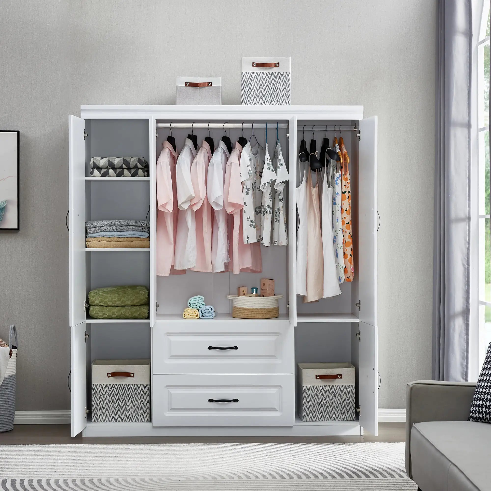YG-15 74" H White Solid Wood Freestanding Wardrobe Closet for Clothes Storage. Bedroom Wardrobe Storage Cabinet featuring 2 Hanging Rod Shelves, 2 Drawers, and 5 Storage Compartments Pi-Mart