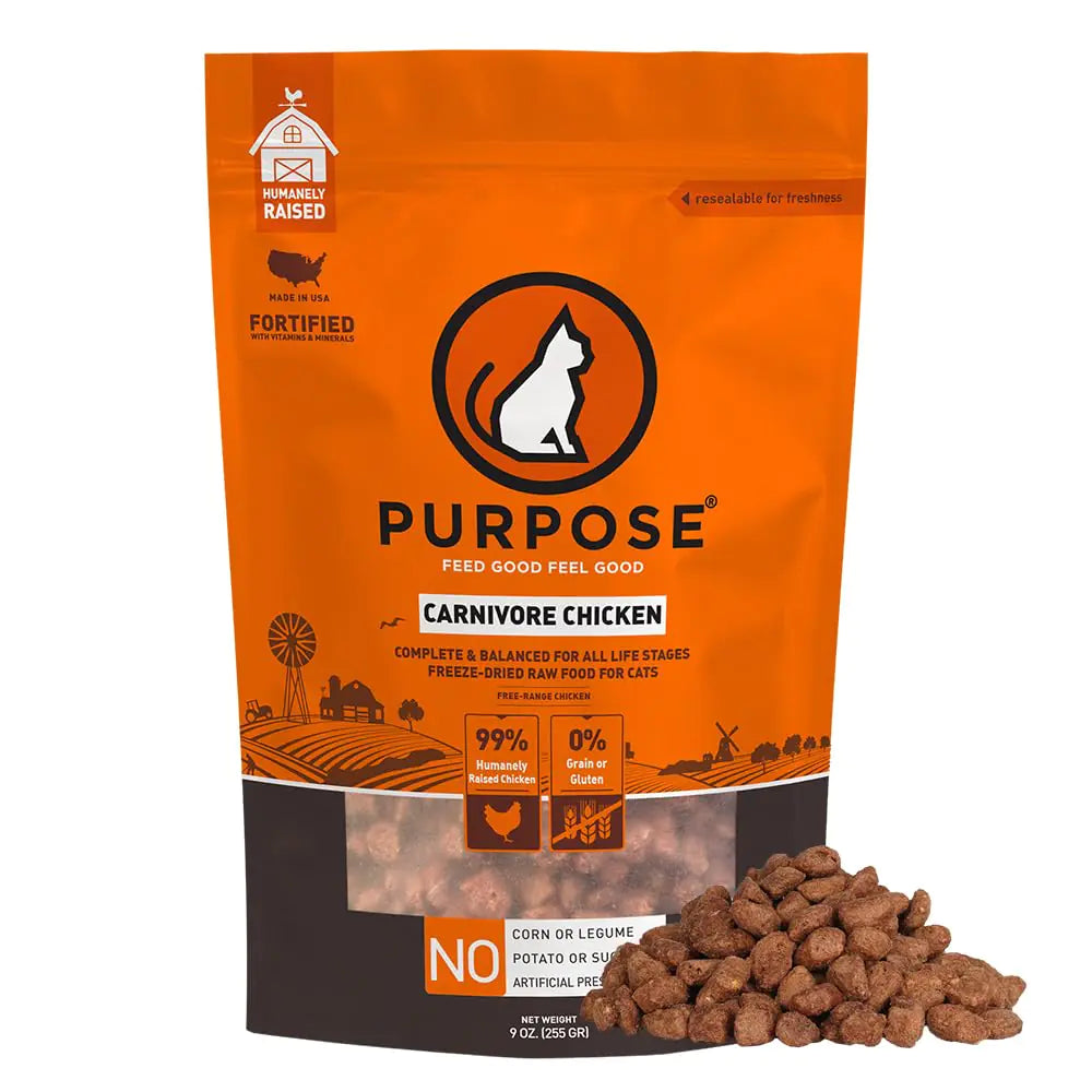 PURPOSE Freeze Dried Raw Cat Food Grain Free Dry Cat Food Complete Balanced Meal or Topper Protein Rich Cat Food for All Breeds and Life Stages Pure Chicken Recipe Mini Nibs Entrée 9 oz USA Made Lootquake LLC