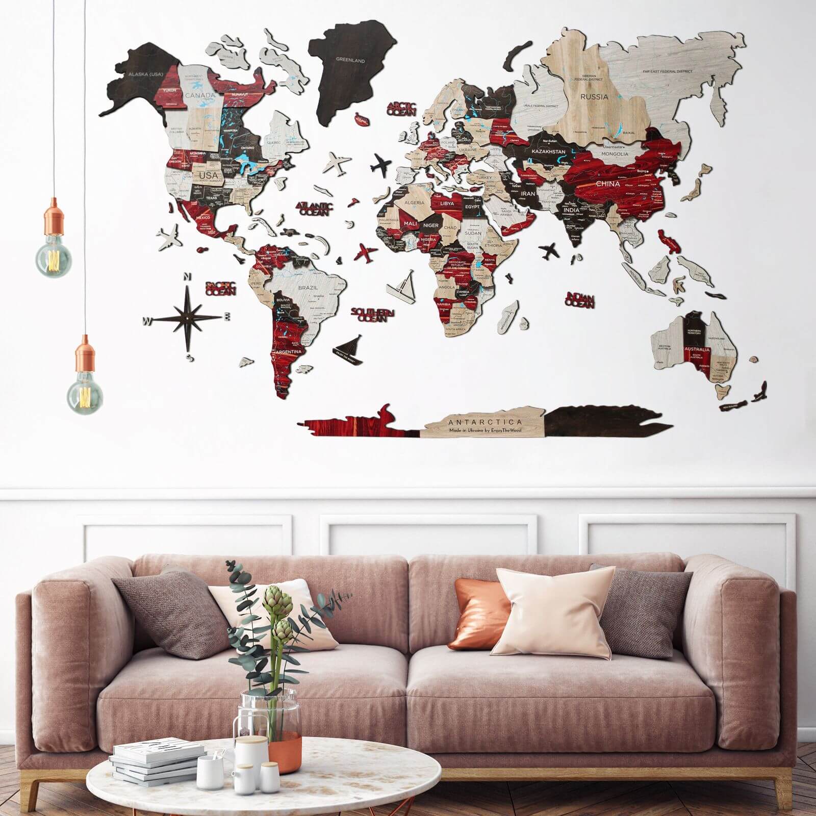 3D Luminous/Magnetic Colored Wooden World Map Urban Enjoy The Wood