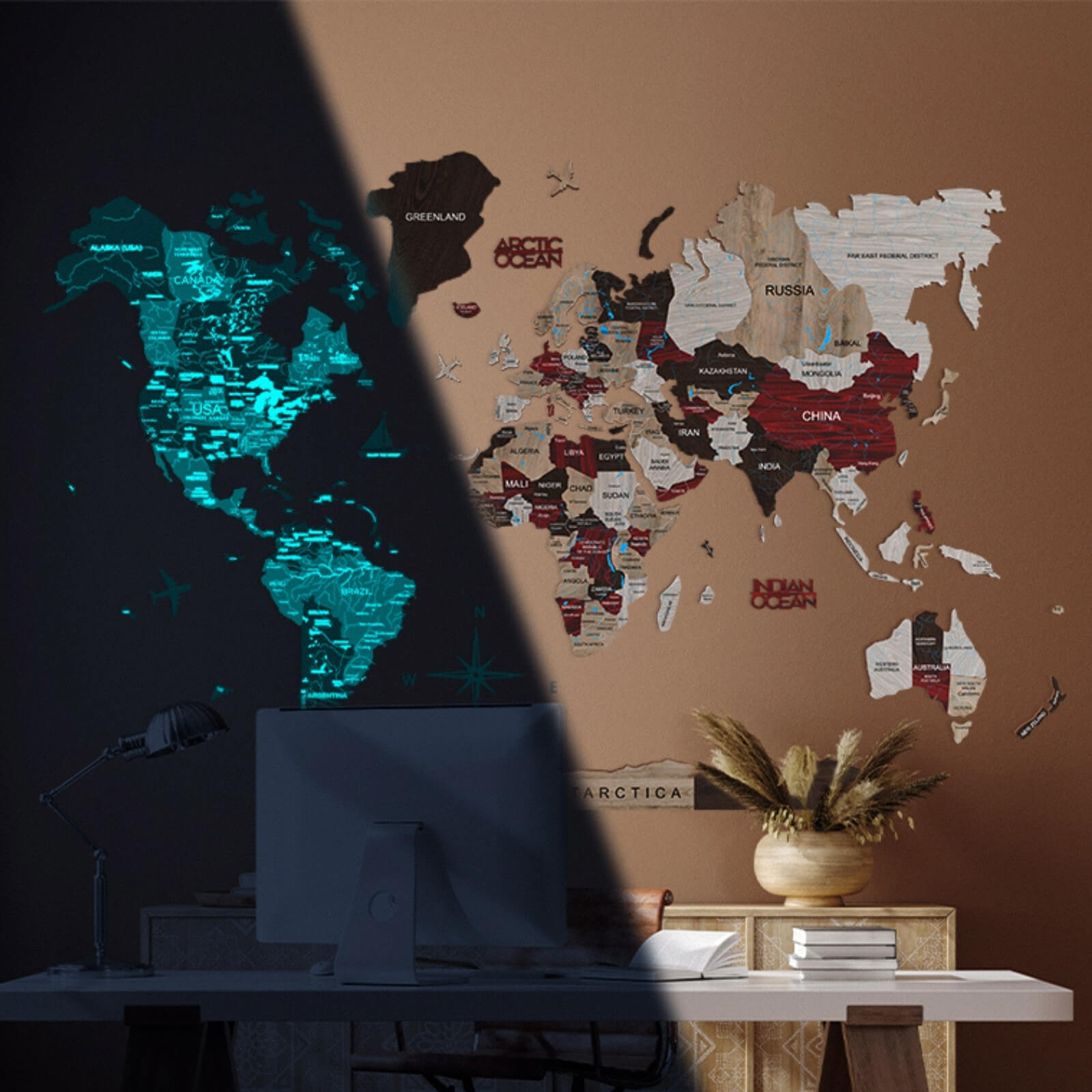 3D Luminous/Magnetic Colored Wooden World Map Urban Enjoy The Wood